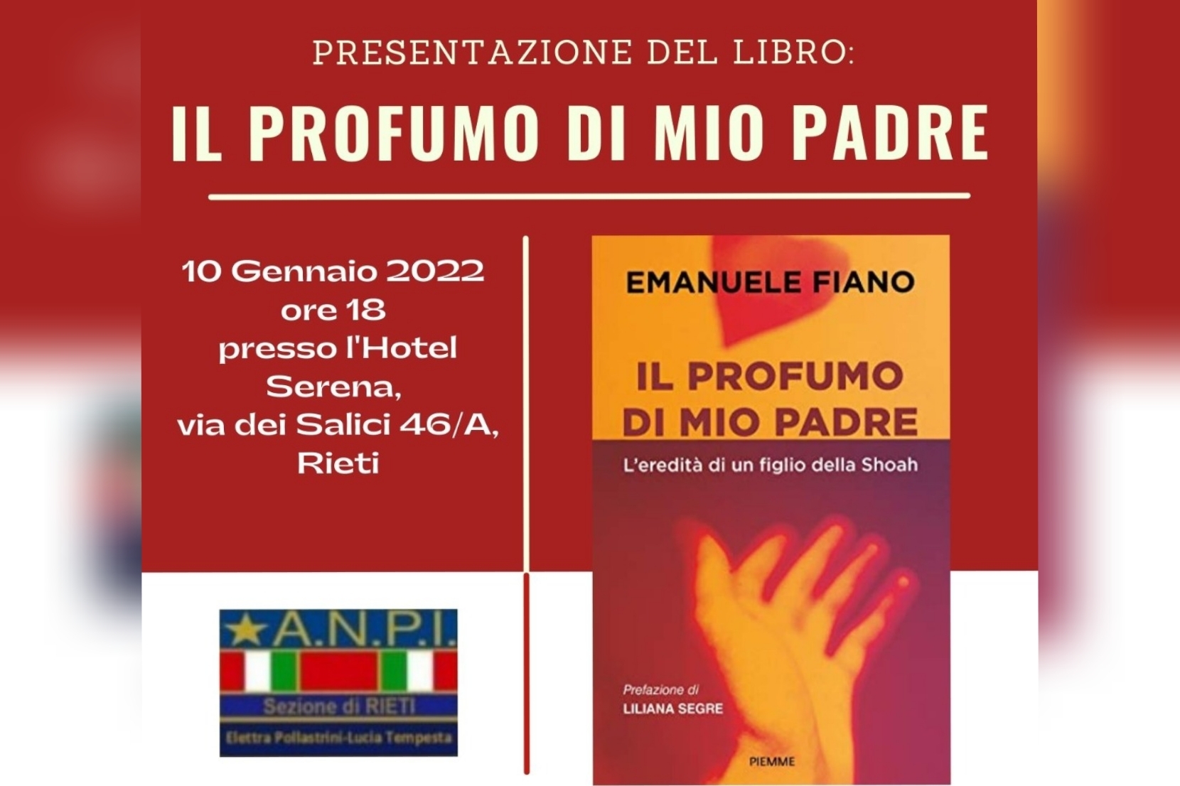 Il 10 gennaio a Rieti presentazione del libro di Emanuele Fiano "Il profumo di mio padre